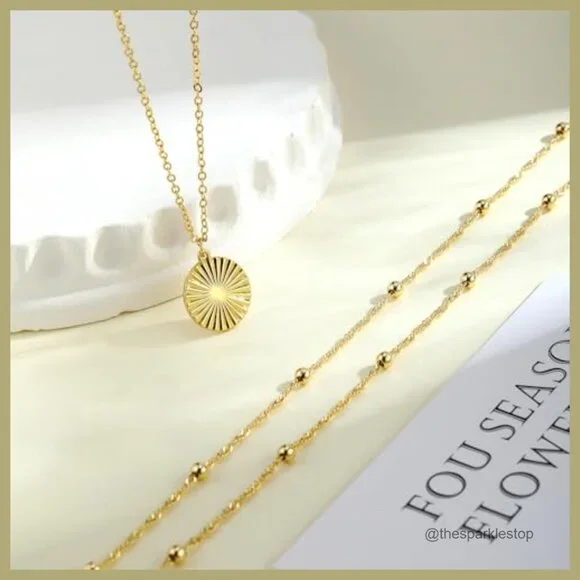 14K Gold Plated Layered Choker Necklace with Pearl Beads and Disc Pendant - Picture 5 of 7